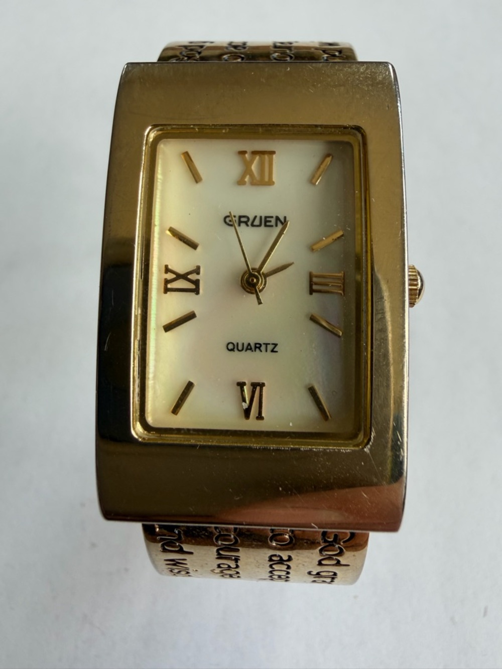 Gruen Gold Tone Rectangular Quartz Watch with Serenity prayer on bracelet